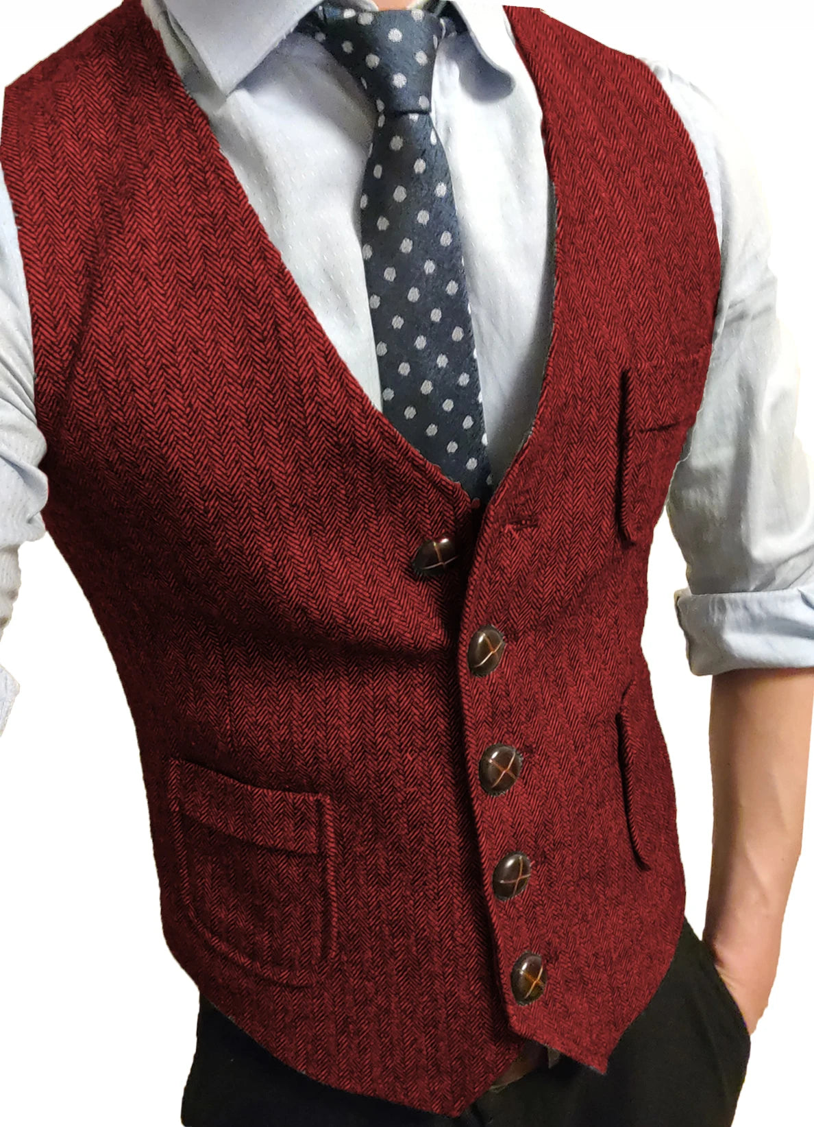 Men's Formal Suit Vest V-Neck Tweed Herringbone Waistcoat Business Dress Suit Vests for Wedding voguable