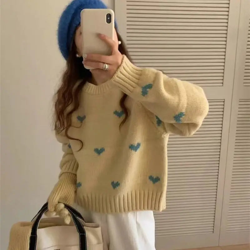 Love jacquard sweater for women in autumn and winter, loose, soft, lazy, high-end  short knitted sweater for little people voguable