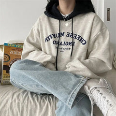 Hooded sweatshirt for women 2024 new spring, autumn and winter thin plus velvet cotton top hip-hop lazy style stylish splicing voguable