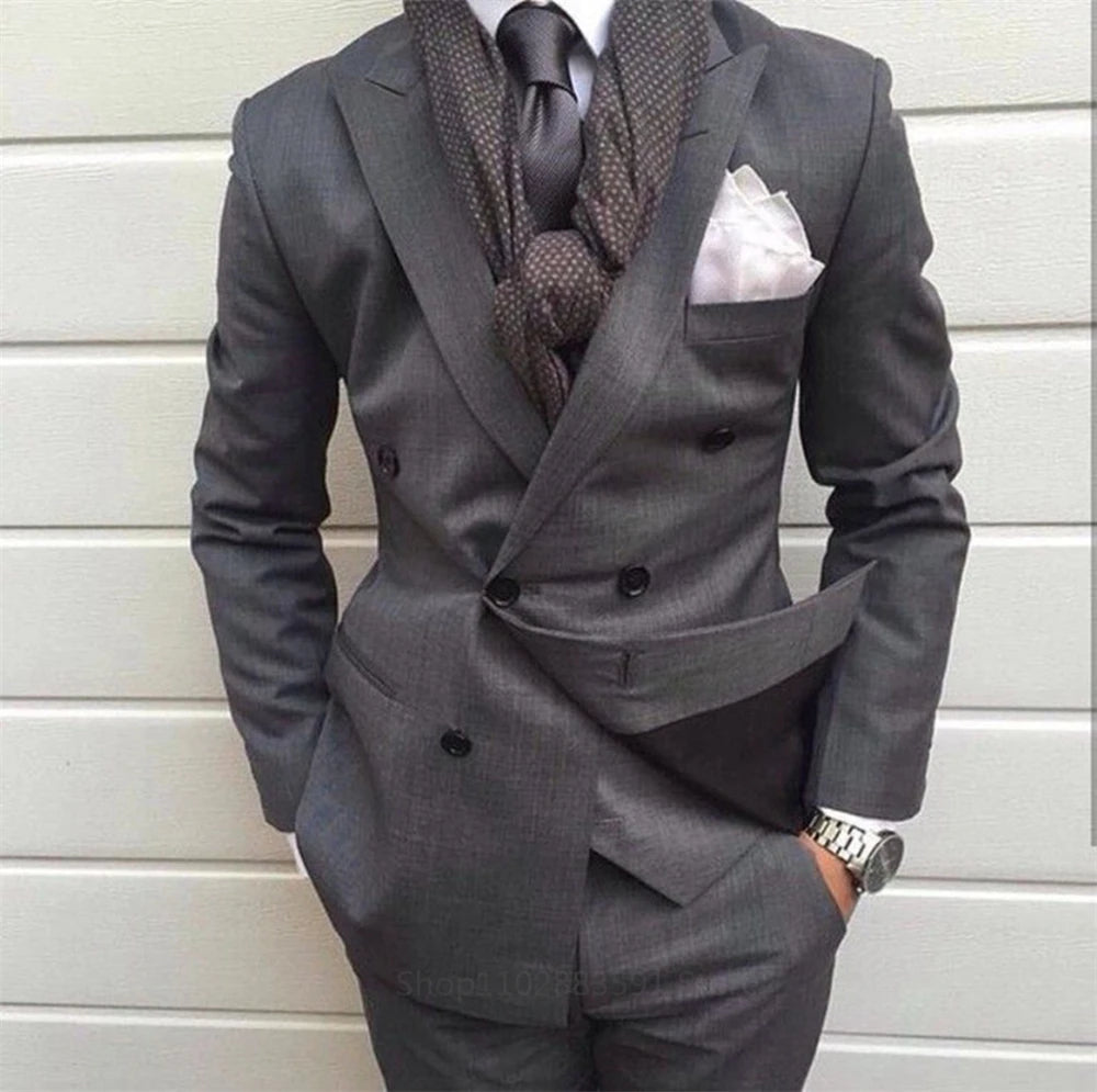 Dark Grey Double Breasted Slim Fit Men Suit 2 Piece Groom Wedding Tuxedo Tailor Made Prom Wedding Business Suit (Jacket+Pants) voguable