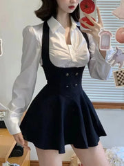 Voguable  Y2K 3 Piece Set Women Cropped Coat + Long Sleeve Shirt + High Waist Halter Ruffles Mini Dress Korean Chic Fashion Sexy Outfits voguable