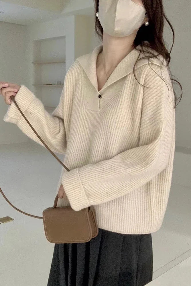 Lapel Raccoon Velvet Design Sense Sunken Stripe Sweater Women Autumn and Winter 2023 Popular New Lazy Gentle Knitted Top Thick voguable