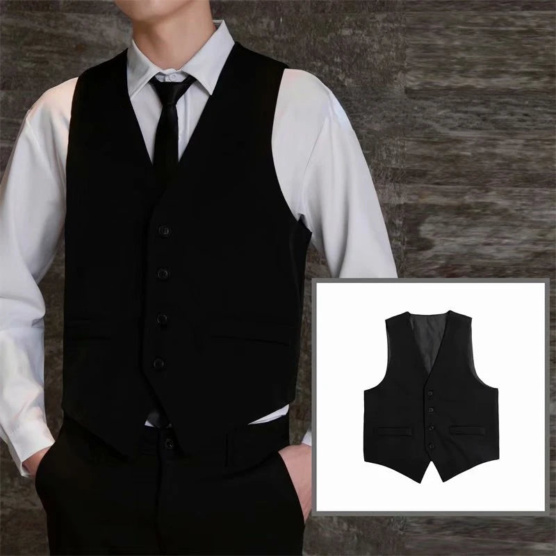 Spring and Autumn Thin British Slim Professional Suit Vests for Men Black Business Casual V-neck Sleeveless Button Men's Vest voguable