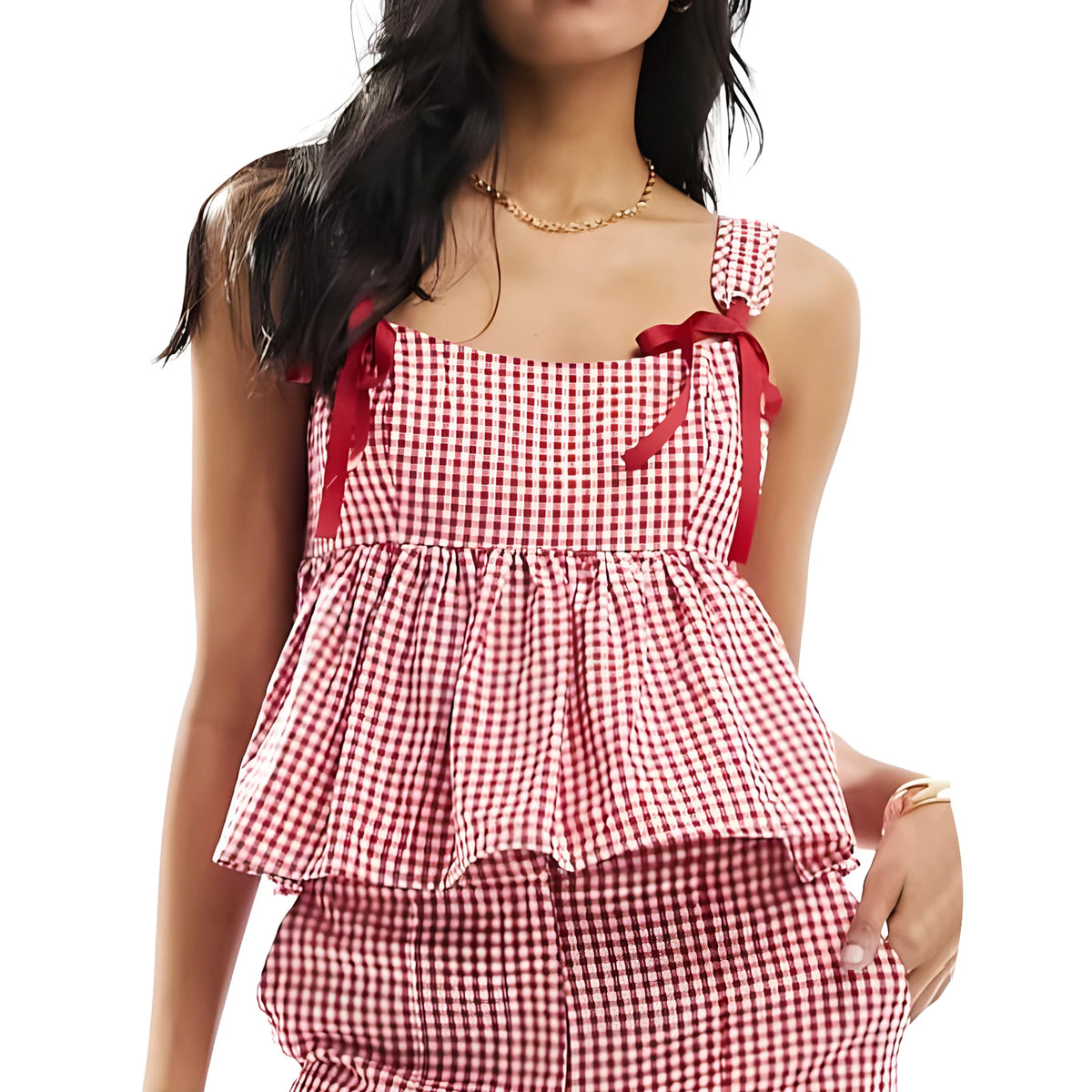 Women Plaid Tank Tops Spaghetti Strap Square Neck Peplum Cami Top Ruffle Smocked  Going Out Camisole voguable