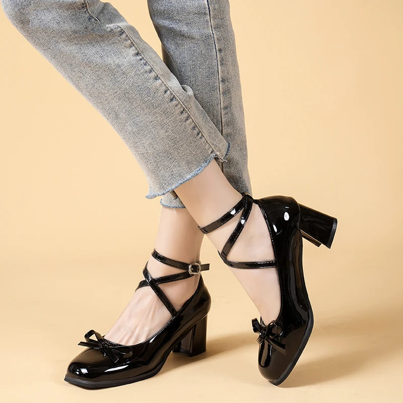 Black Retro Cross-Tie Pumps Casual Summer Round Toe Shoes Ladies Sweet Fashion Shoes Woman Bow Design voguable