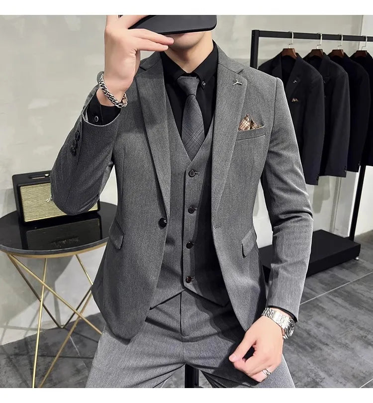 Voguable Men's Suit Jacket Vest Pants Fashion Boutique Plaid Casual Business Male Groom Wedding Tuxedo Dress 3 Pieces Set Blazers Coat voguable