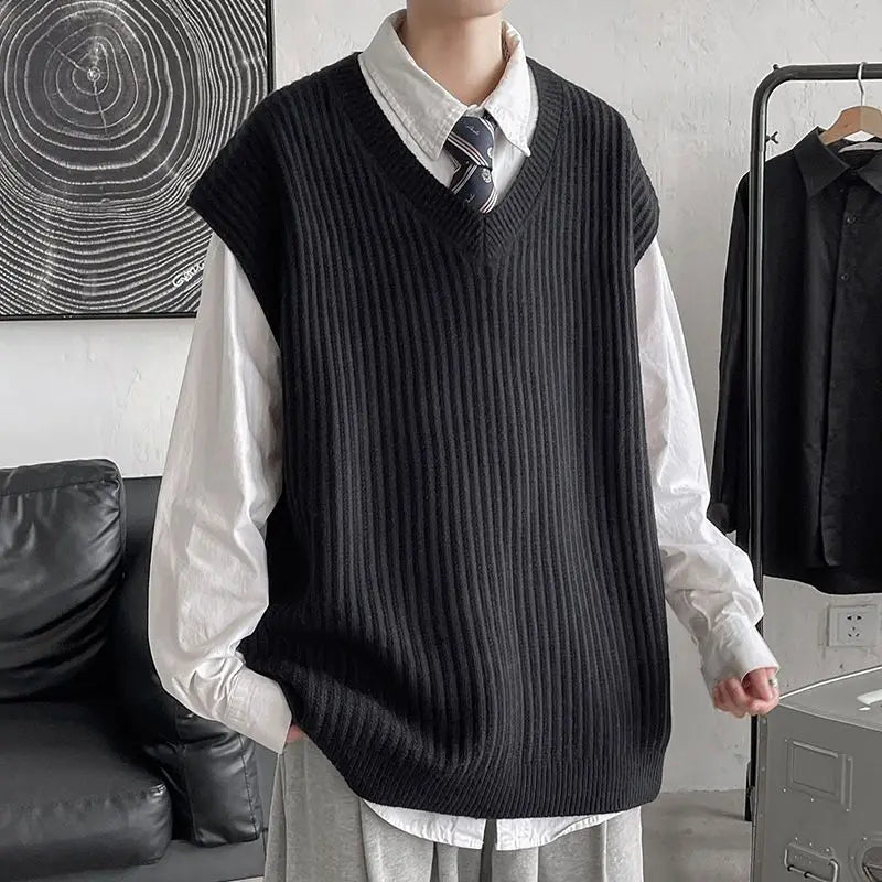 2023 Autumn and Winter V-neck Sweater Vest Men Solid Color Acrylic Sleeveless Ins College Style Harajuku Knitted Sweater Men voguable