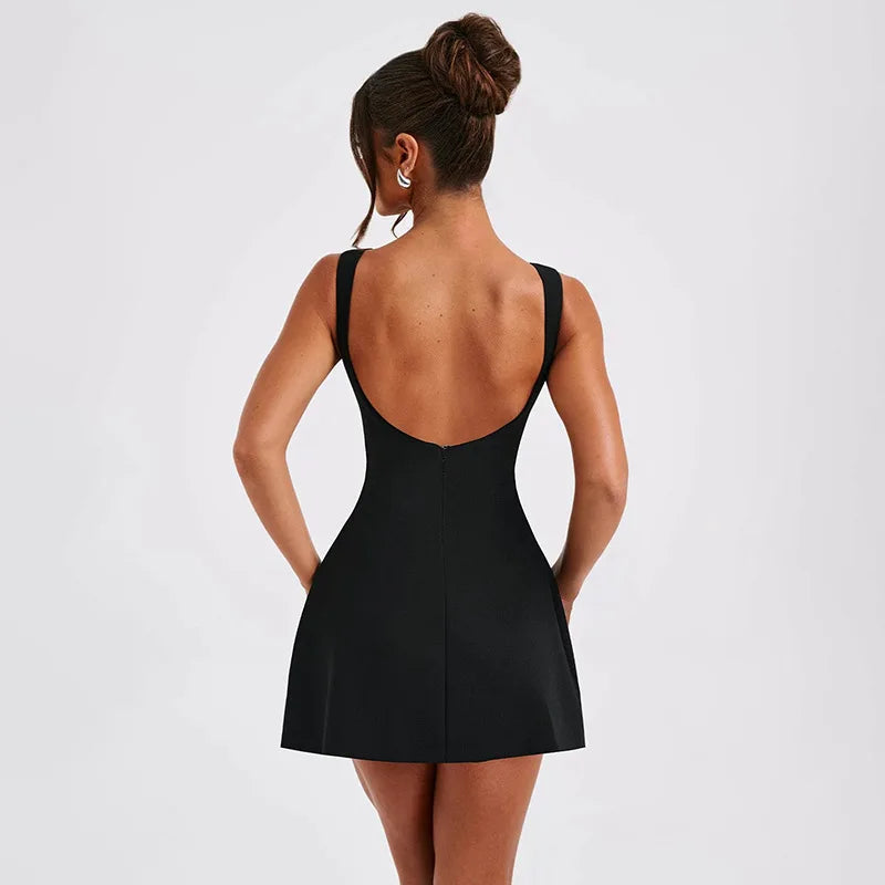 TARUXY Sexy Backless Mini Vest Dress For Women Sleeveless Solid High Waist Slim Elegant Solid Female Beach Club Party Dresses voguable