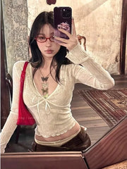 Deeptown Coquette Aesthetic Mesh T Shirts Women Vintage V Neck Lace Bow Cropped Tops Y2k Sexy Slim Fit Long Sleeve Tee Shirts voguable
