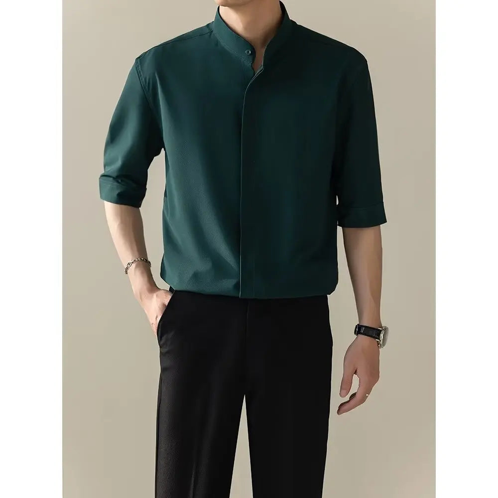 Summer Thin Stand-up Collar Ice Silk Short Sleeved Men Shirts New Chinese Style Business Casual Buttons Slim Half-sleeved Shirt voguable