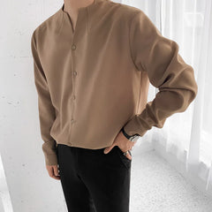 Autumn Khaki Long Sleeve Shirts for Men New Korean Niche Design Collarless Slim Non-iron Irregular Solid Color Shirt Men voguable