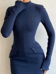 Elegant Dark Blue Solid High Waist Mini Dress Women Fashion Pocket decora Long Sleeve Bodycon Dresses  Chic Party Club Robes voguable