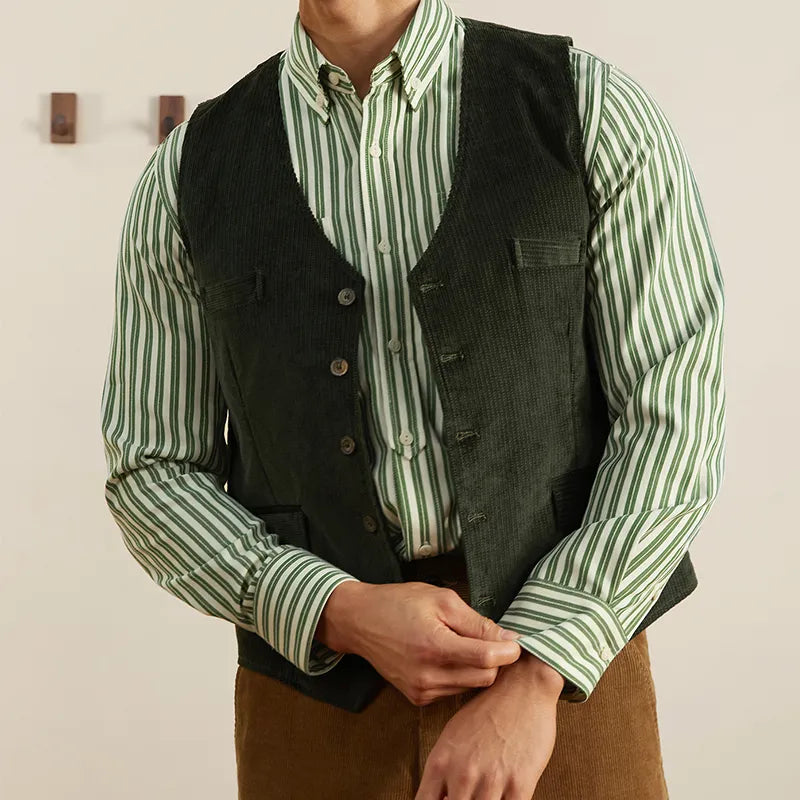 Men's Vest Army Green Corduroy Tweed V Neck Retro Tooling Waistcoat Male Gentleman Business Waistcoat Steampunk Clothing Vest voguable