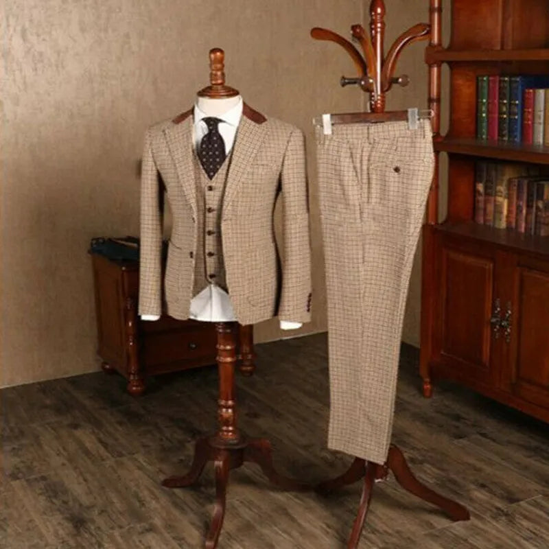 Brown Classic Plaid Tweed Suit for Men Slim fit Groom Wedding Tuxedo Blazer Male Formal Business Jacket Vest Pants 3 Piece voguable