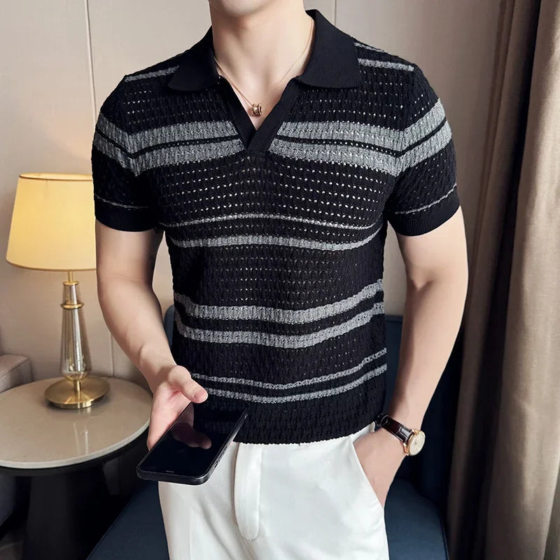 Men Knitted Polo Shirt 2024 Summer New Thin Striped Jacquard Patchwork Color Short Sleeved Casual V-neck T-shirt Men Clothing voguable