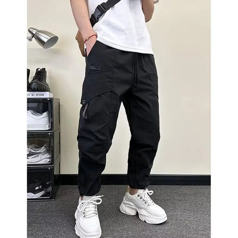 Spring Autumn New Fashion Elastic Waist Drawstring Pockets Men's Clothing Loose Korean Trend Bound Feet Simplicity Casual Pants voguable