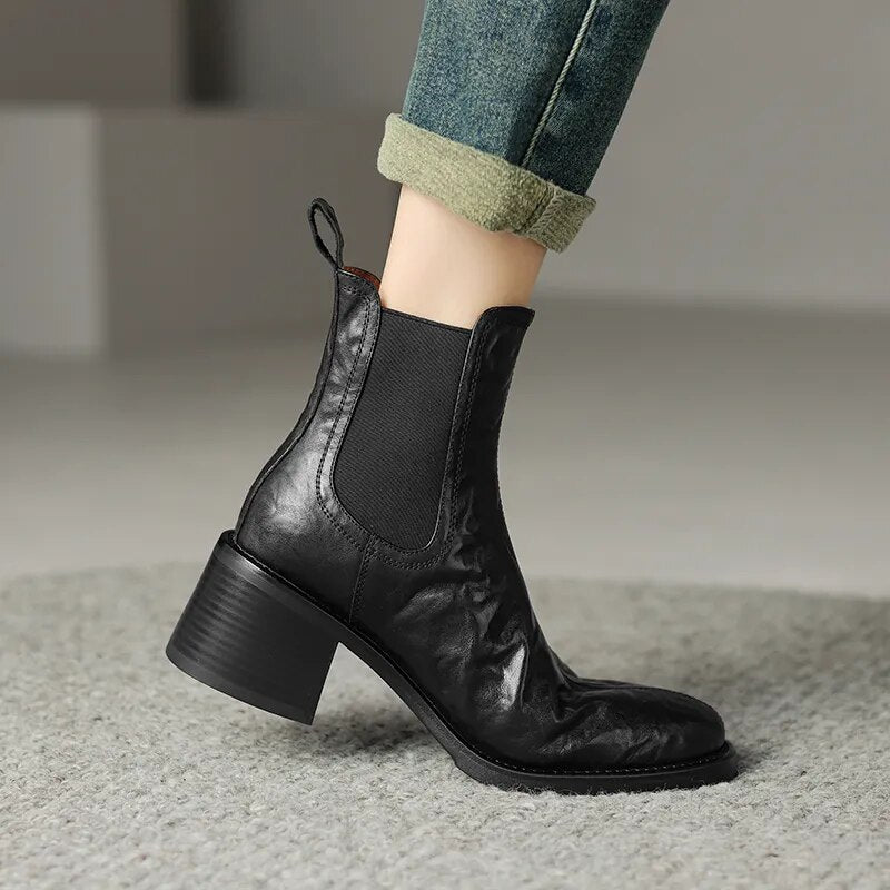 New Autumn Winter Basic Women Ankle Boots Office Lady Casual Genuine Leather Round Toe Thick Heels Elastic Band Shoes Woman voguable