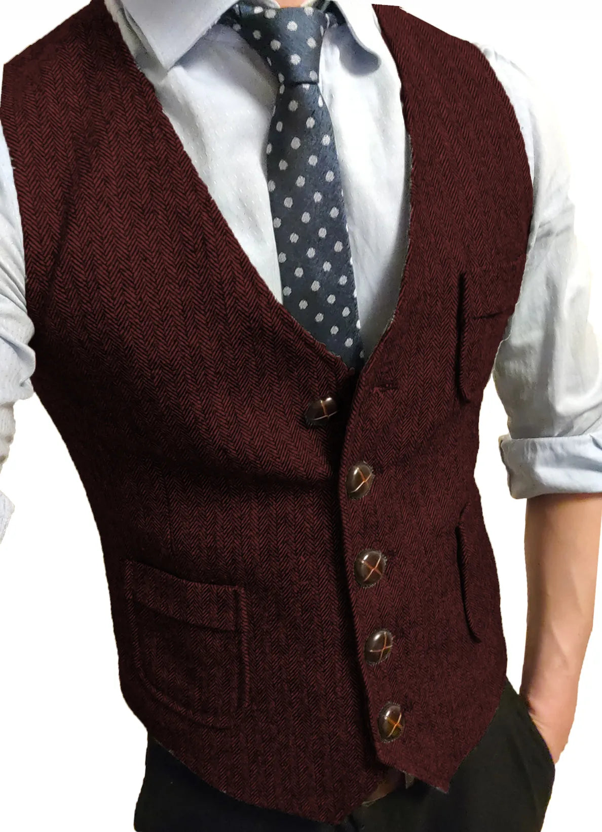 Men's Formal Suit Vest V-Neck Tweed Herringbone Waistcoat Business Dress Suit Vests for Wedding voguable