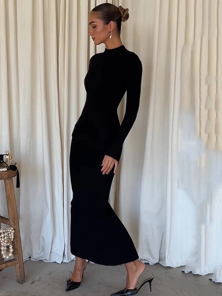 Mozision Black Long Sleeve Sexy Maxi Dress For Women Autumn Winter New O Neck Two Pocket Back Split Bodycon Long Dress Elegant voguable