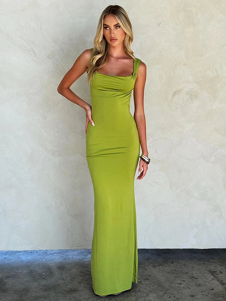 Mozision Double Shoulder Straps Backless Sexy Maxi Dress For Women Summer New Square Collar Sleeveless Bodycon Long Dress voguable