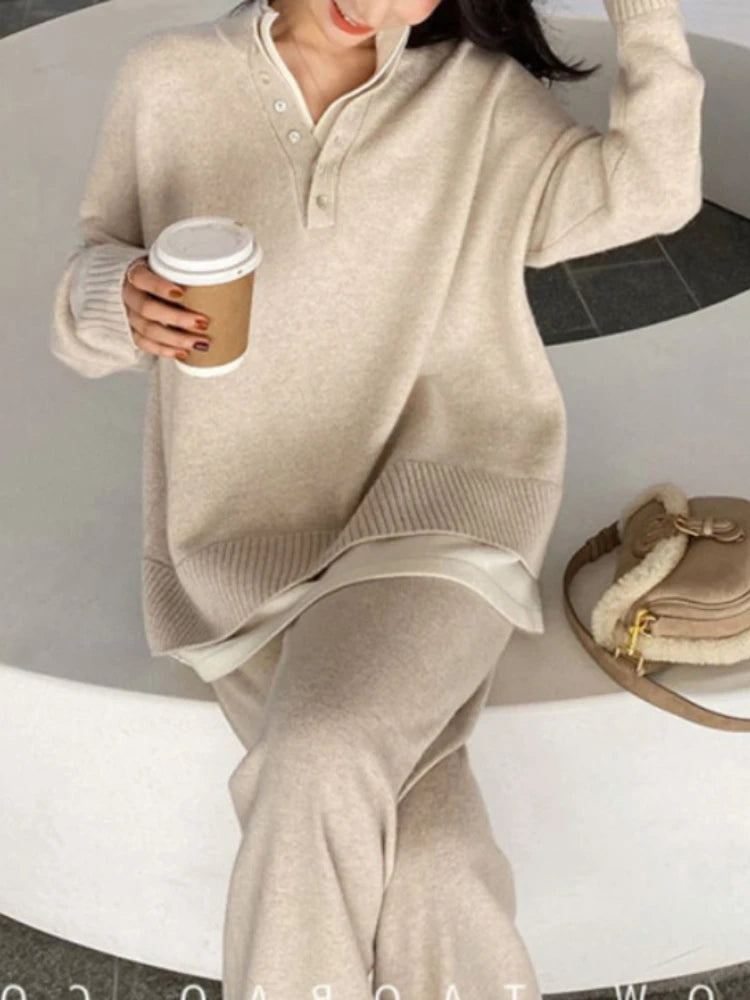 Women Knitted Sweater Sexy Two Piece Sets 2023 New Autumn Winter Warm Casual Long Sleeve Pullovers Wide Leg Pants Ladies Suits voguable