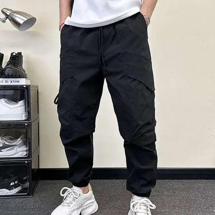 Spring Autumn New Fashion Elastic Waist Drawstring Pockets Men's Clothing Loose Korean Trend Bound Feet Simplicity Casual Pants voguable