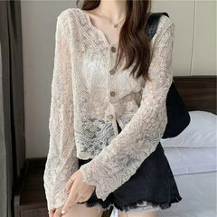 Spring Summer Korean Design Sense Hook Flower Hollow Lace Shirt Senior Sense Foreign Air V-Neck Long Sleeve Sun Protection Tops voguable