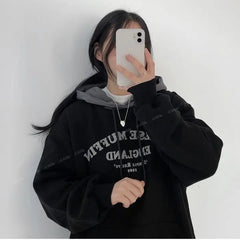 Hooded sweatshirt for women 2024 new spring, autumn and winter thin plus velvet cotton top hip-hop lazy style stylish splicing voguable