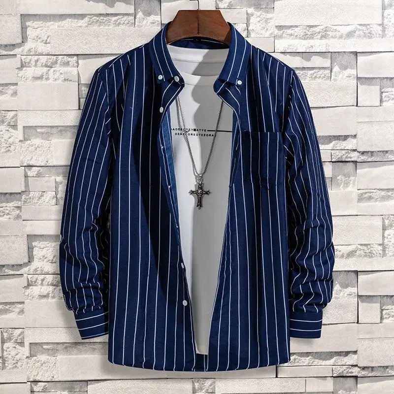 Spring Autumn New Fashion Striped POLO Collar Button Shirts Men's Clothing Long Sleeve Cardigan Korean Loose Trend Chic Blouses voguable