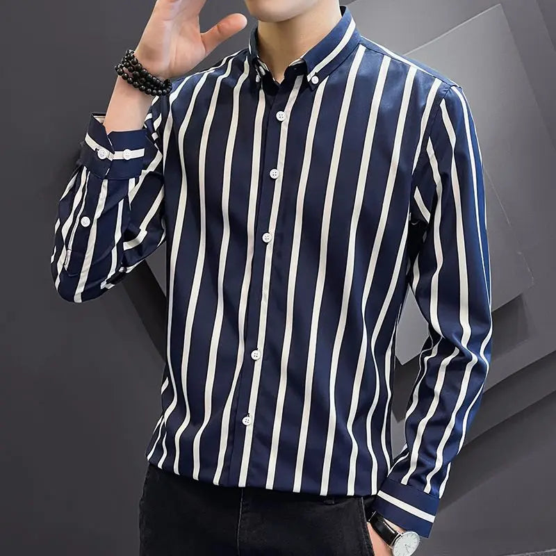 Spring Autumn New Fashion Turn-down Collar Long Sleeve Striped Blouse Men's Clothing Casual Korean All-match Youth Loose Shirts voguable