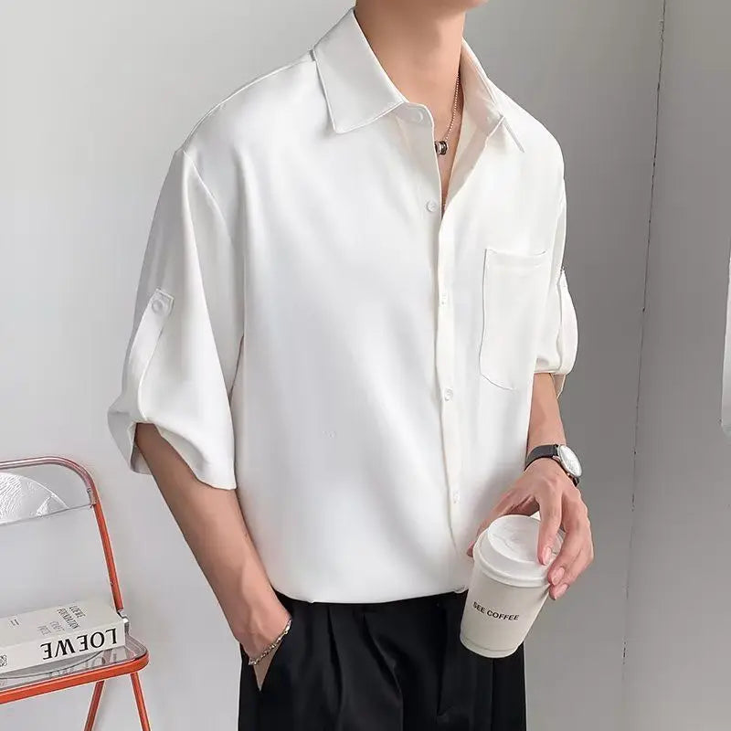 Solid Color Ice Silk Shirts for Men Short Sleeve Summer Drape Lapel Button Korean Loose Business Casual Top High-end White Shirt voguable