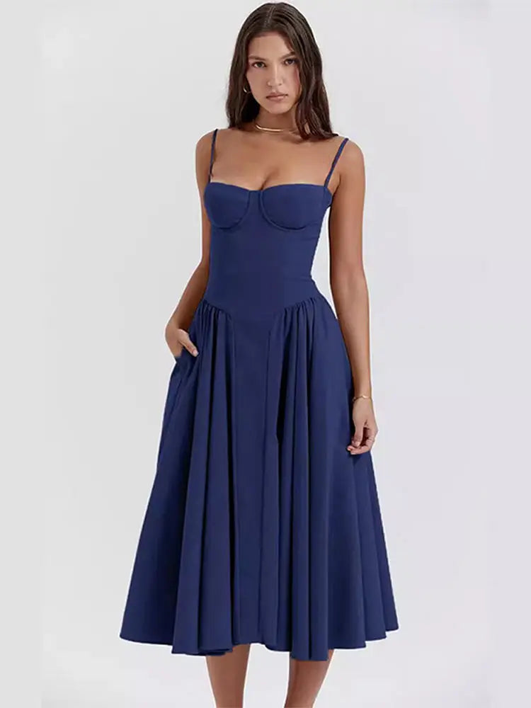 Sexy Solid Pleated Hem Sling Dress Women Fashion Midi Sleeveless Backless Dresses Female 2024 Summer Party Evening A-line Robes voguable