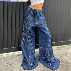 Y2k Bandage Cargo Jeans Punk Metal Blue Baggy Streetwear Pants Women Korean Grunge Aesthetic Jeans Stylish Vintage 90s voguable