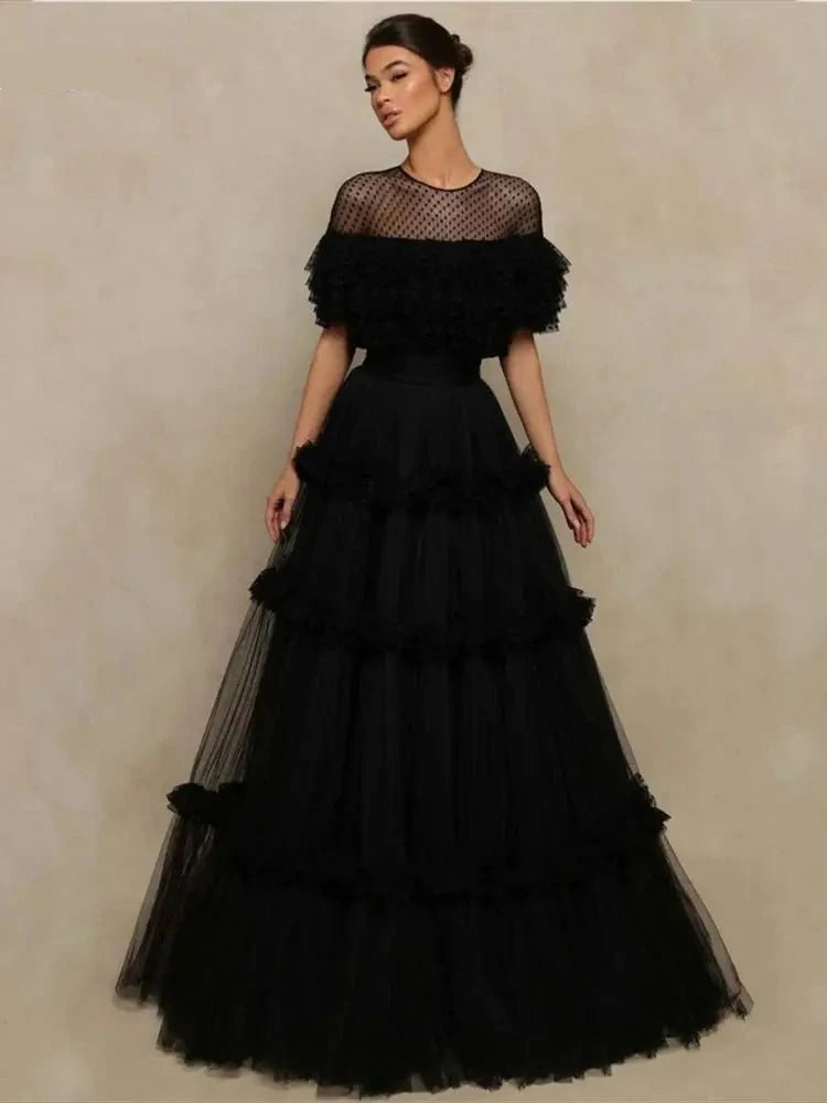 Voguable   Black Multilaye Evening Dress Wave Point Prom Dress Sexy O-neck Party Dress Tulle A-line voguable