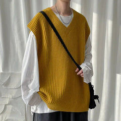 2023 Autumn and Winter V-neck Sweater Vest Men Solid Color Acrylic Sleeveless Ins College Style Harajuku Knitted Sweater Men voguable