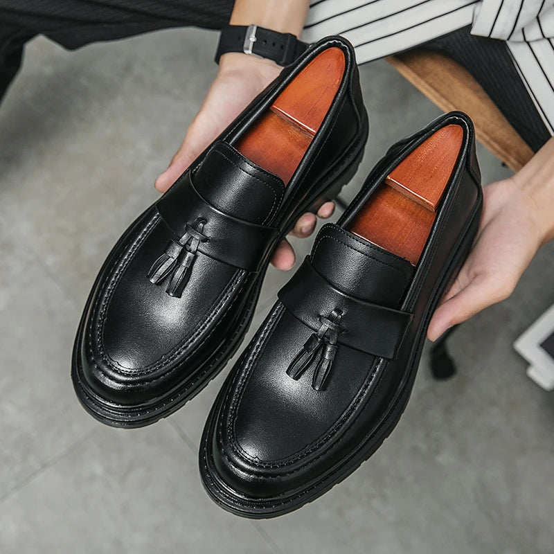 Loafers Men Platform Thick-soled Tassel Formal Business Shoes Slip-on Comfortable Men's Leather Shoes Casual Shoes Oxford Shoes voguable