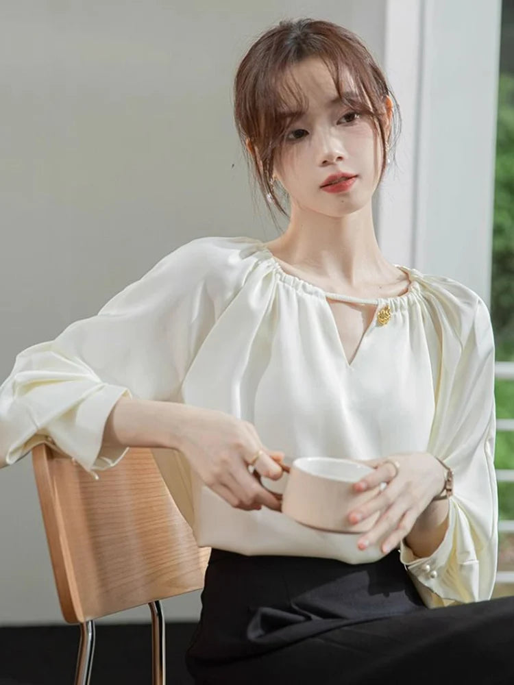 Voguable  Elegant Women Satin Shirt Casual Hollow Out Long Sleeve Blouse Korean Simple Vintage Office Lady All Match Design Tops voguable