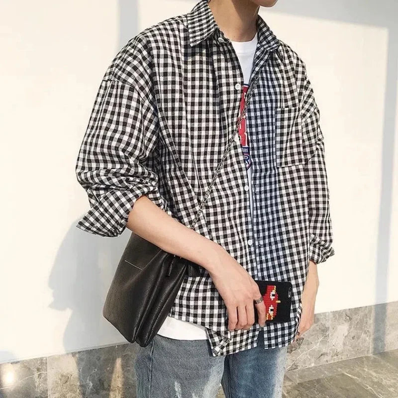 Spring Autumn New Fashion Turn-down Collar Long Sleeve Plaid Blouse Men's Clothing Simplicity Pocket Button All-match Y2K Shirts voguable