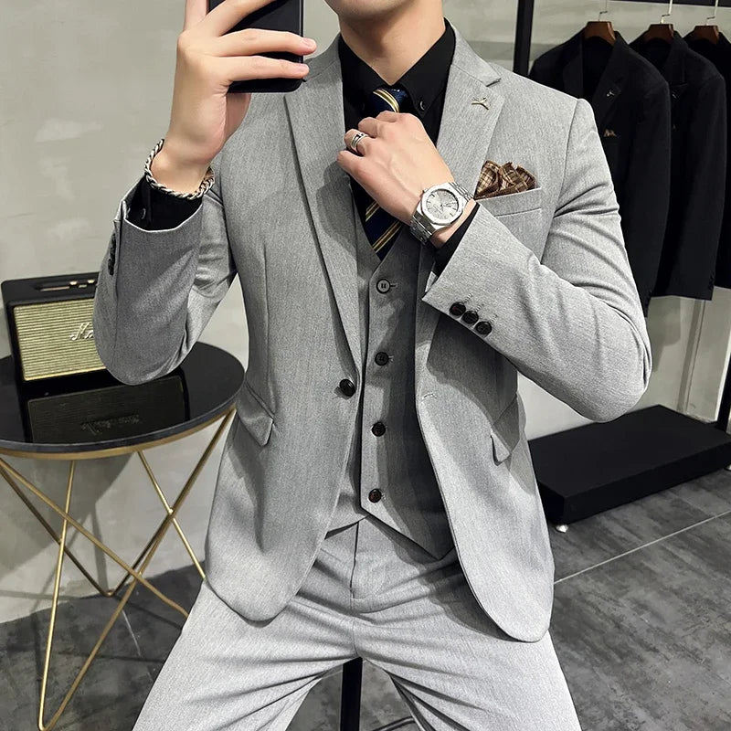 Voguable Men's Suit Jacket Vest Pants Fashion Boutique Plaid Casual Business Male Groom Wedding Tuxedo Dress 3 Pieces Set Blazers Coat voguable