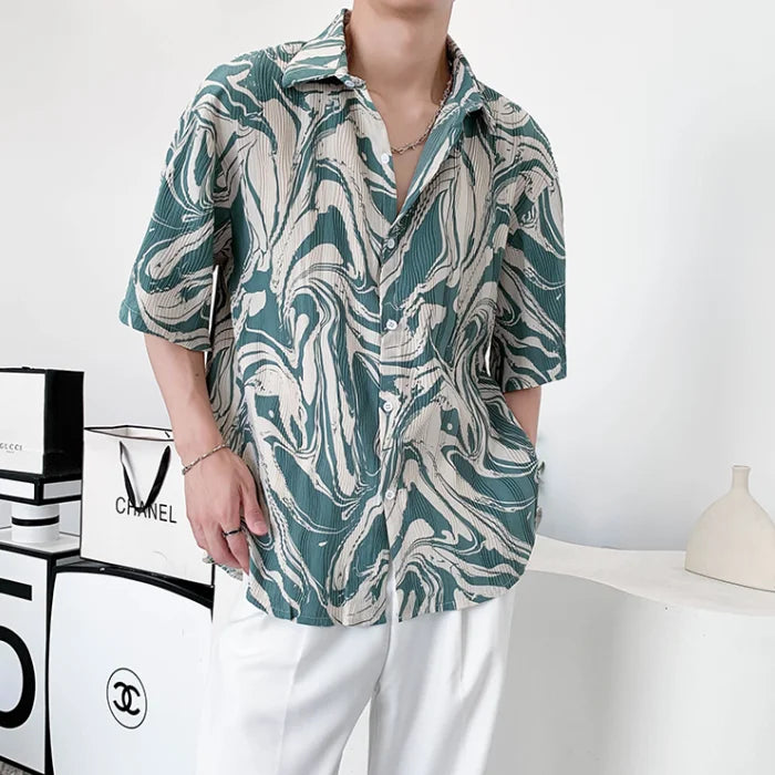 2024 New High-end Tie-dye Ice Silk Shirt Men Short Sleeve Niche Design Thin Loose Casual Korean Harajuku Summer Mens Shirts voguable