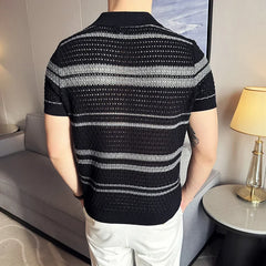 Men Knitted Polo Shirt 2024 Summer New Thin Striped Jacquard Patchwork Color Short Sleeved Casual V-neck T-shirt Men Clothing voguable