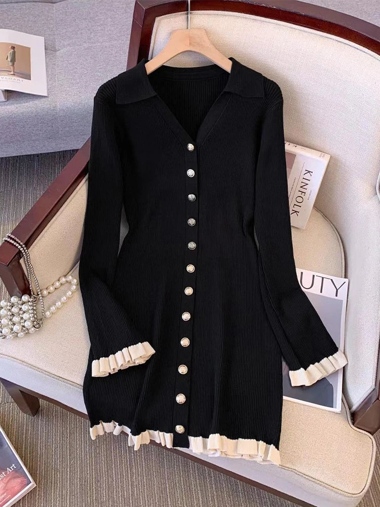 Autumn Winter French Fashion Old Money Long Sleeve Knit Dress Women 2000s V-Neck Frock Mini One-Piece Vintage Coquette Elegant Pbong