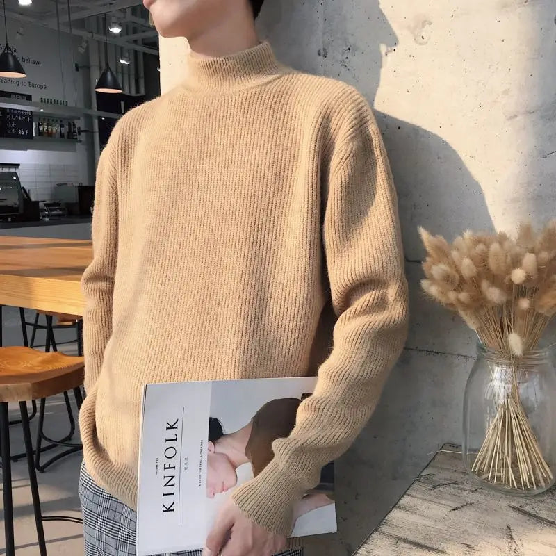 Autumn Winter New Fashion Long Sleeve Half High Collar Solid Pullovers Men's Clothing All-match Knitting Korean Simplicity Top voguable