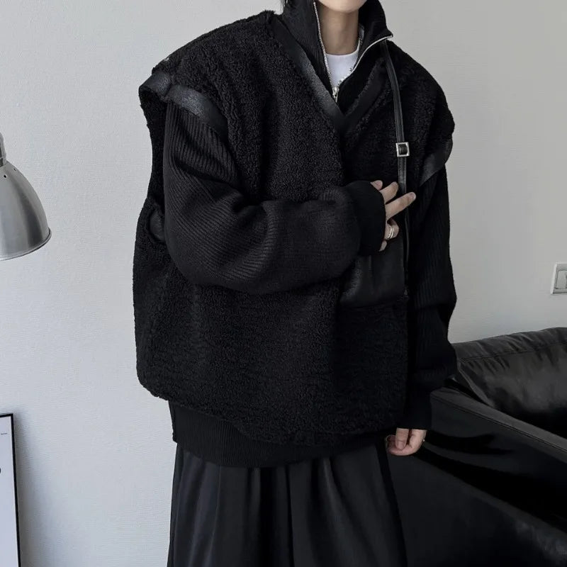 Voguable Fleece Vest Jacket Men Korean Black Leather Velvet Patchwork Fur Vest Coat Sleeveless Darkwear Autumn Winter Old Money voguable