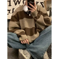 Korean style patchwork striped sweater for men in autumn and winter lazy loose knitted sweater round neck retro trendy sweater voguable