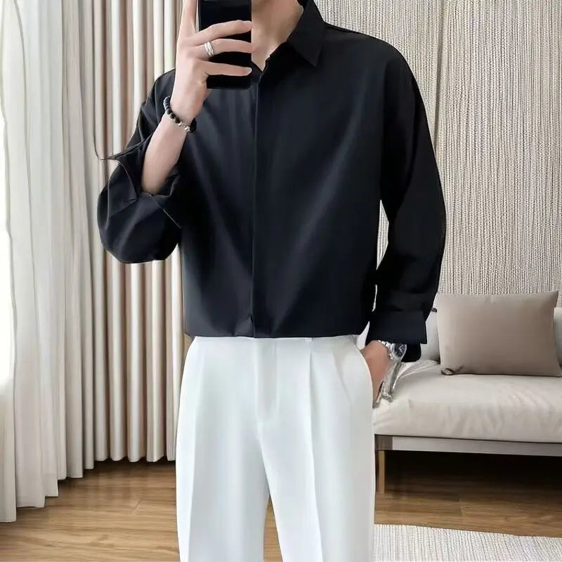 2024 High-end All-match Thin Ice Silk Shirts for Men Long Sleeve Hidden Buttons Loose Business Casual Luxury Drape White Shirt voguable