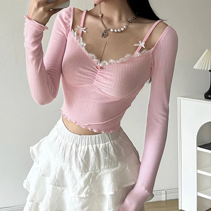 Voguable  Sweet Lace Stitching V-neck Skinny Top Pink Coquette Aesthetic Slim-fit Long Sleeve Knitted T-shirts Cute Casual Tees voguable