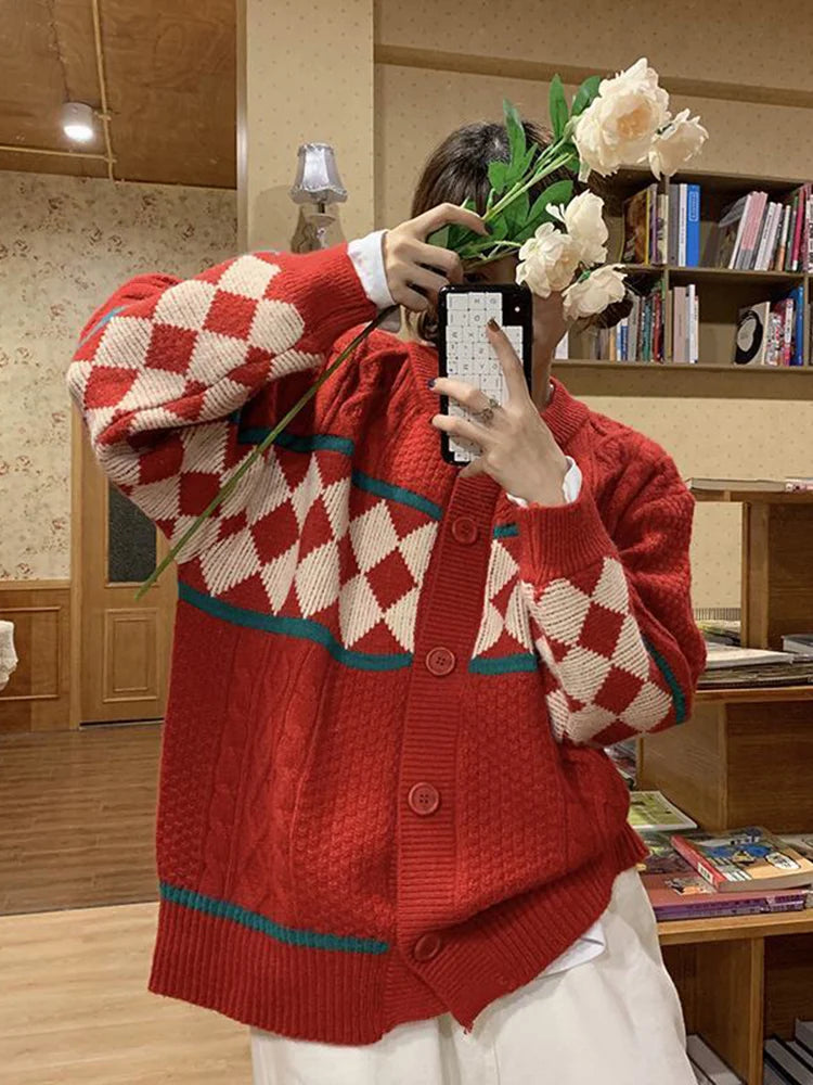 Voguable  Christmas Red Women Argyle Cardigan Vintage Oversize Knitted Tops Korean Lazy Wind Loose Female Preppy Style Sweater New voguable