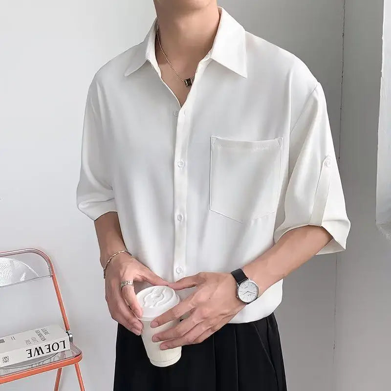 Solid Color Ice Silk Shirts for Men Short Sleeve Summer Drape Lapel Button Korean Loose Business Casual Top High-end White Shirt voguable