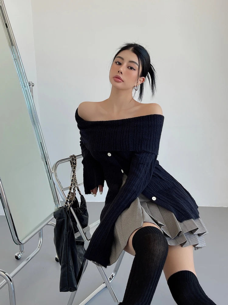 Voguable Sexy Women Off Shoulder Knit Slash Collar Sweater Open Buttons Front Slit Slim Knitwear Full Sleeve Jumper Knitwear Tops White voguable